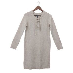 Ann Taylor Sweater Dress Womens Small Beige Shift Lace-Up Long Sleeve Wool Blend